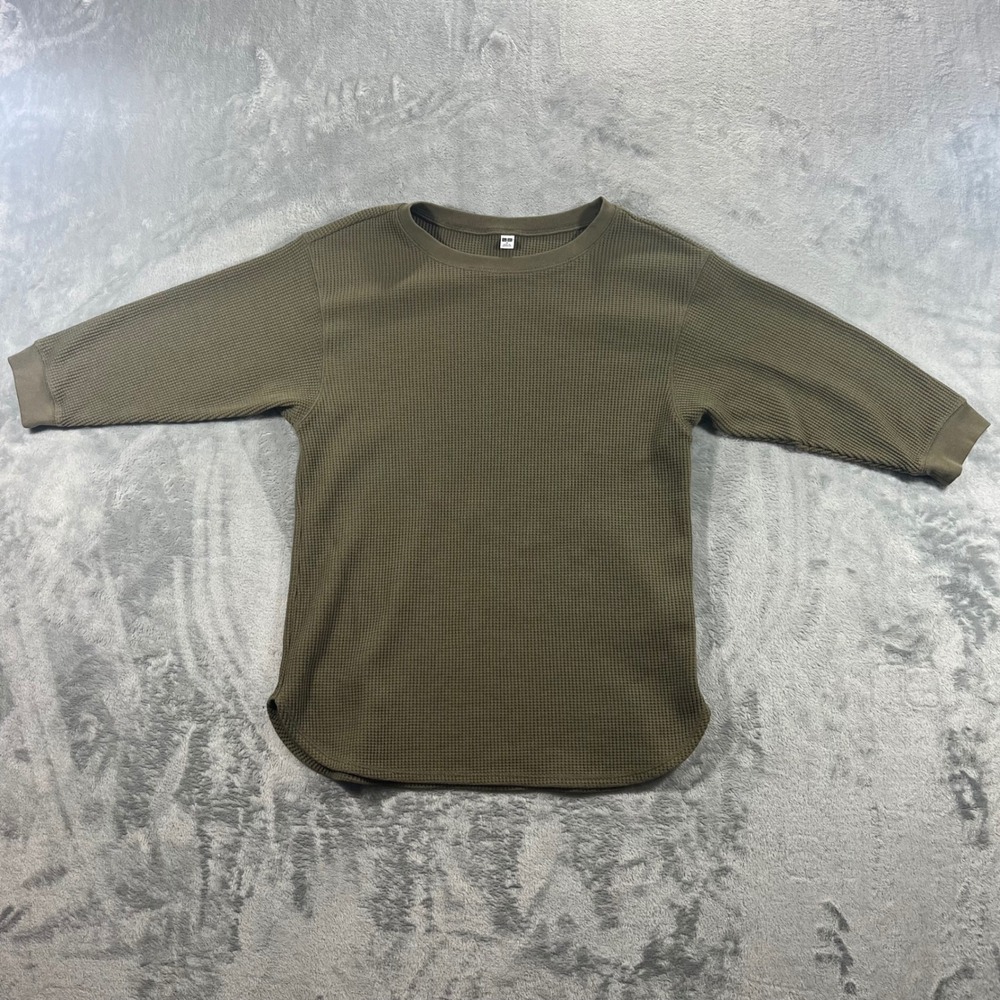 Uniqlo Waffle Knit Top Womens Medium Olive Green 3/4 Sleeve Thermal Cozy Casual